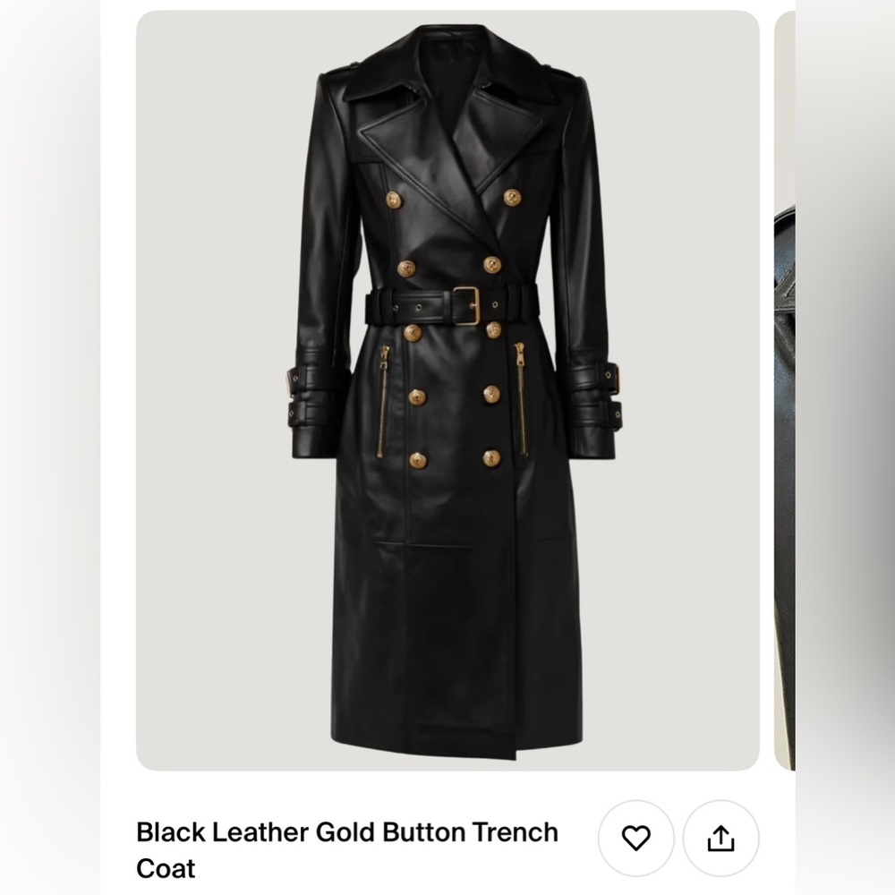 Black and gold button leather trench coat